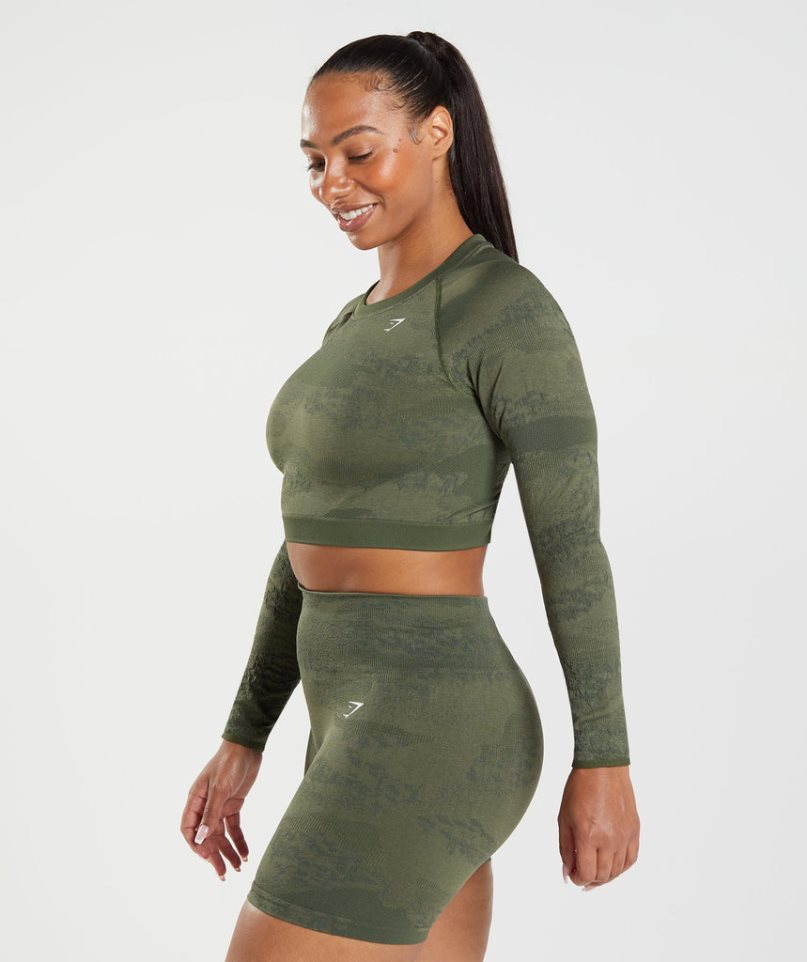 Women's Gymshark Adapt Camo Seamless Lace Up Back Top T-Shirts Olive | CA 8D7A35